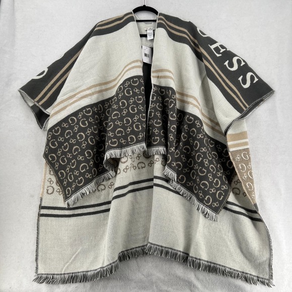 NWT Guess Mills Scarf Wrap Cardigan Fringe Ivory Black Logo - Picture 1 of 8